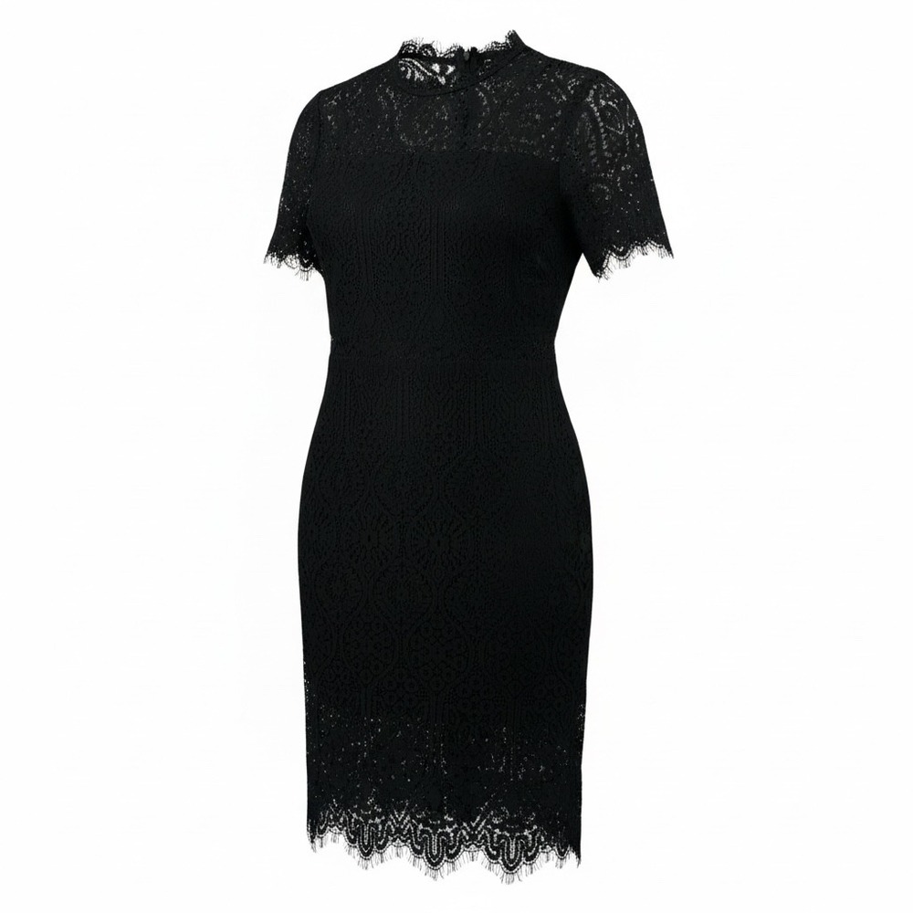 SHEIN Dress Womens Large Black EUC Lace Sheath Midi Mock Neck SS Cocktail LBD